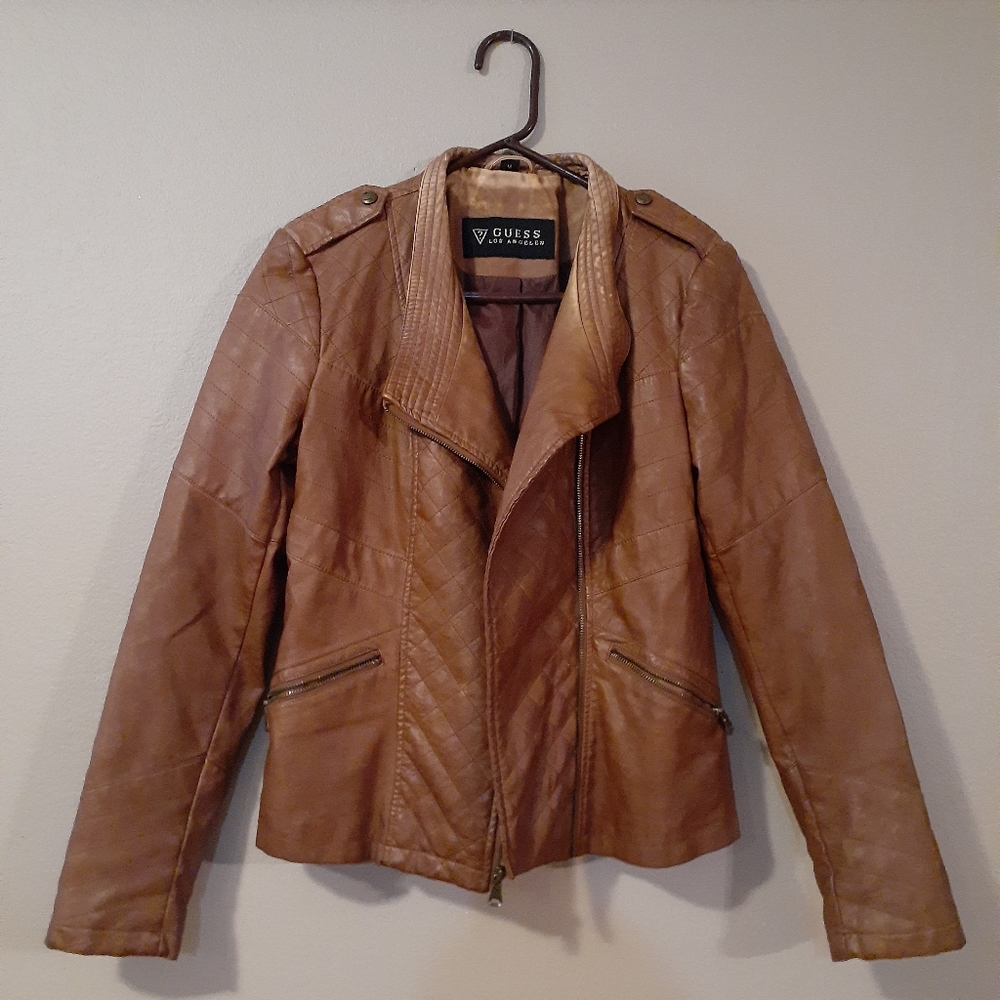 Guess Los Angeles Moto Faux Leather Jacket Cognac Brown Medium
